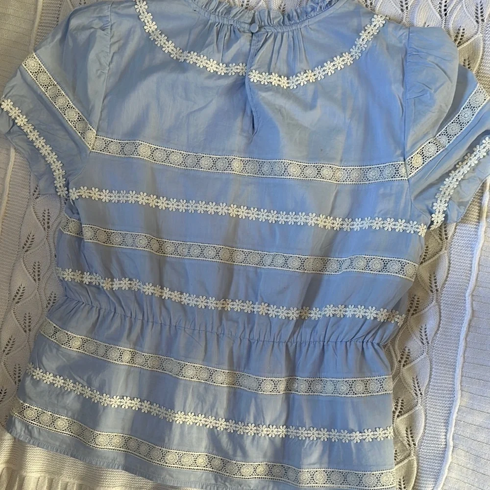 J. Crew Blue and White Puff Sleeve Blouse with Peter Pan Collar